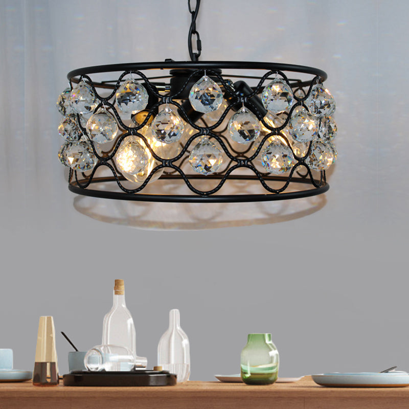 Vintage Metal and Crystal Drum Chandelier - 3 Lights - Black Ceiling Light for Living Room