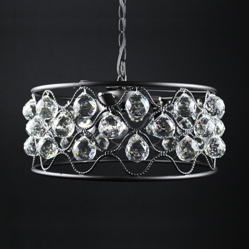 Vintage Metal and Crystal Drum Chandelier - 3 Lights - Black Ceiling Light for Living Room
