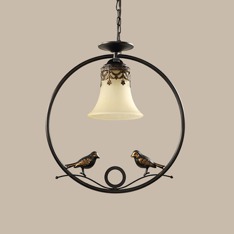Round Pendant Lighting Fixture - Classical Black Metal With Bell Shade And Bird Accent