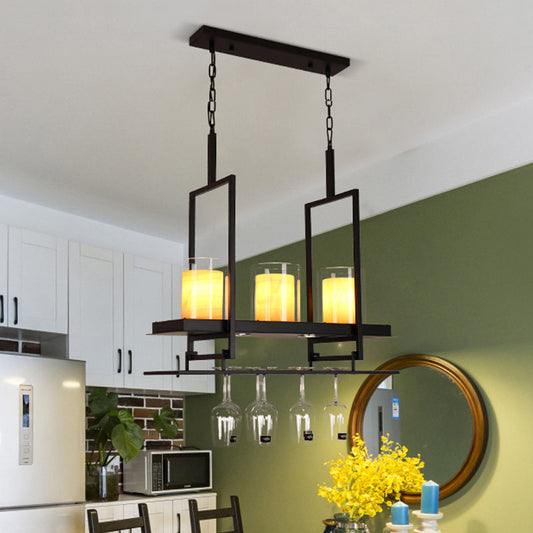 Luminaire îlot noir à 3/5 lampes avec suspension cylindrique en verre transparent pour salle à manger - Style traditionnel