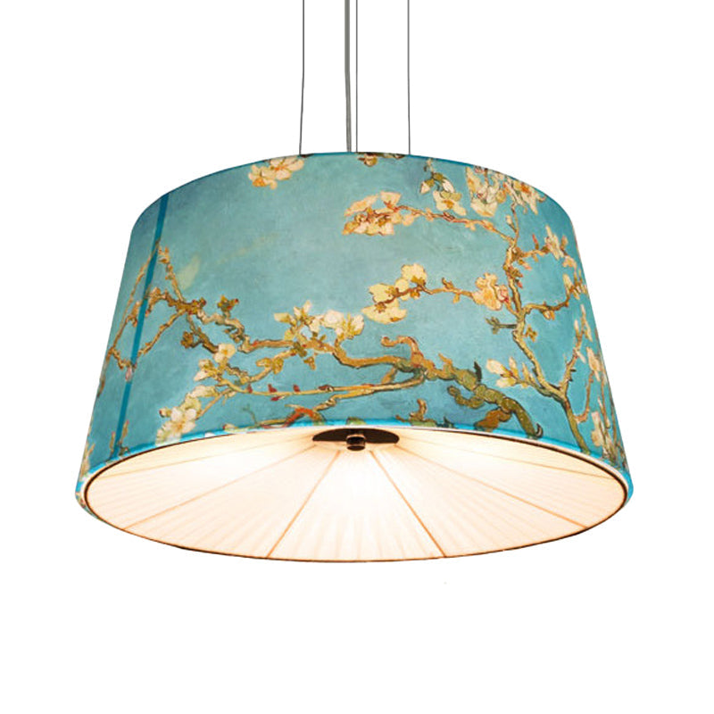 Nordic Apricot Design Drum Chandelier - 4 Light Pendant For Living Room In White/Blue/Beige Fabric