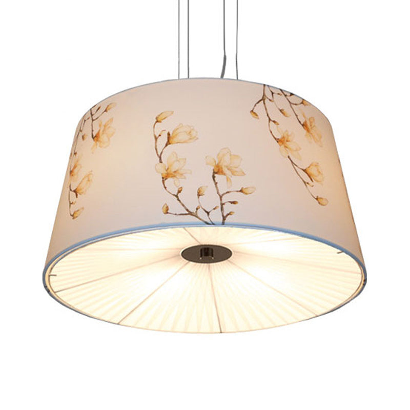 Nordic Apricot Design Drum Chandelier - 4 Light Pendant For Living Room In White/Blue/Beige Fabric