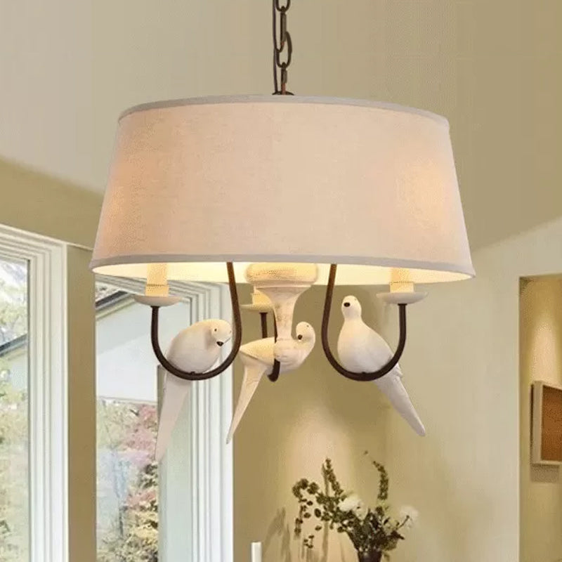 Vintage Fabric Beige Pendant Lamp With 3 Lights - Elegant Bedroom Chandelier Fixture Bird Design