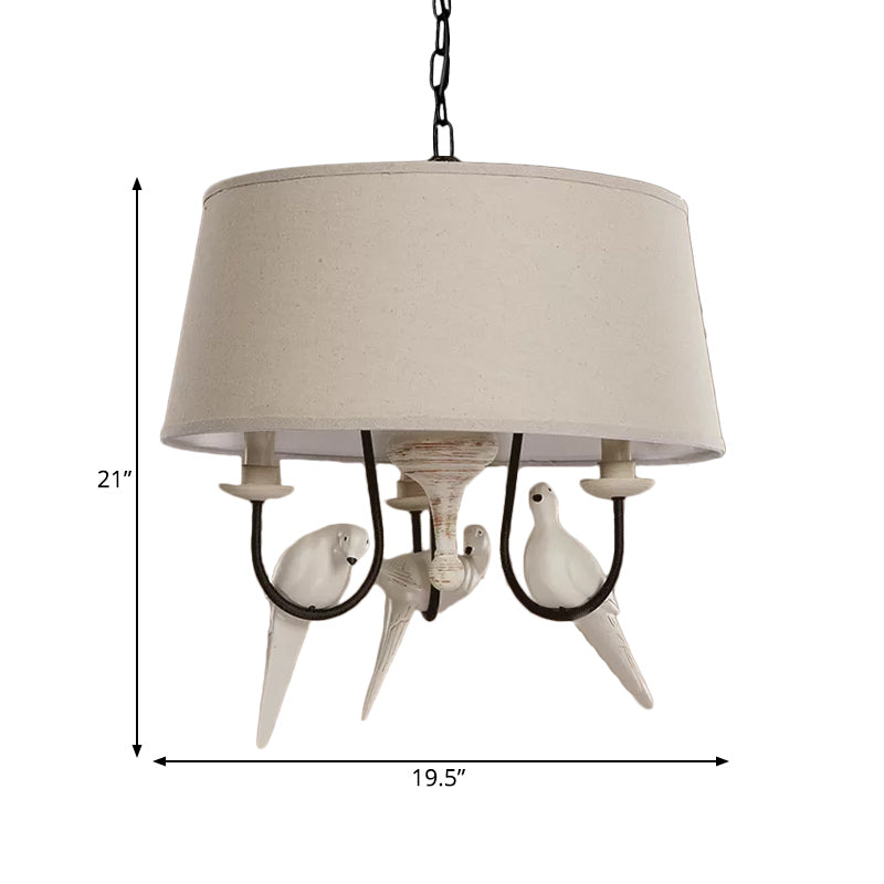 Vintage Fabric Beige Pendant Lamp With 3 Lights - Elegant Bedroom Chandelier Fixture Bird Design