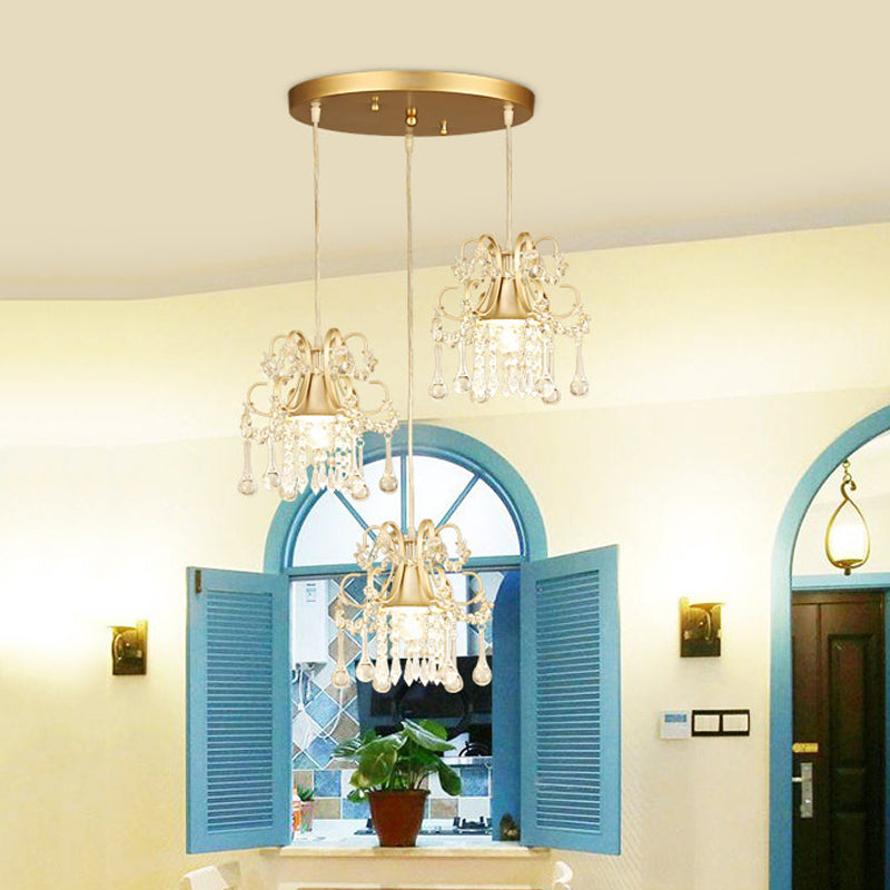 Plafonnier semi-encastré de style traditionnel à 3 lampes pour salle à manger avec draperie en cristal et évasé doré