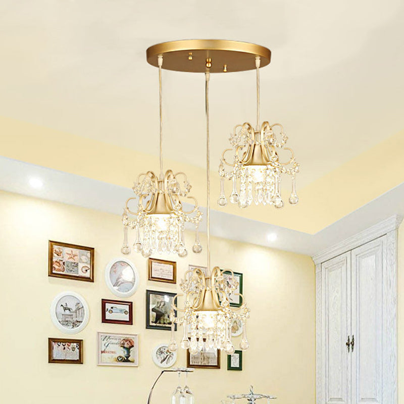 Plafonnier semi-encastré de style traditionnel à 3 lampes pour salle à manger avec draperie en cristal et évasé doré