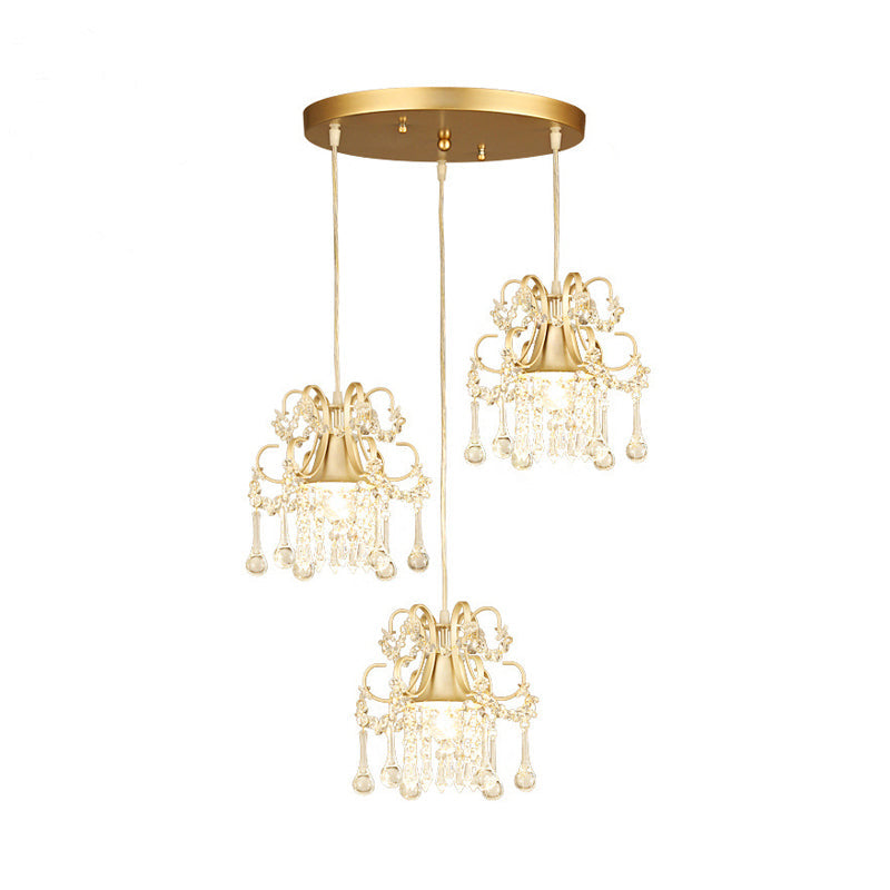 Plafonnier semi-encastré de style traditionnel à 3 lampes pour salle à manger avec draperie en cristal et évasé doré