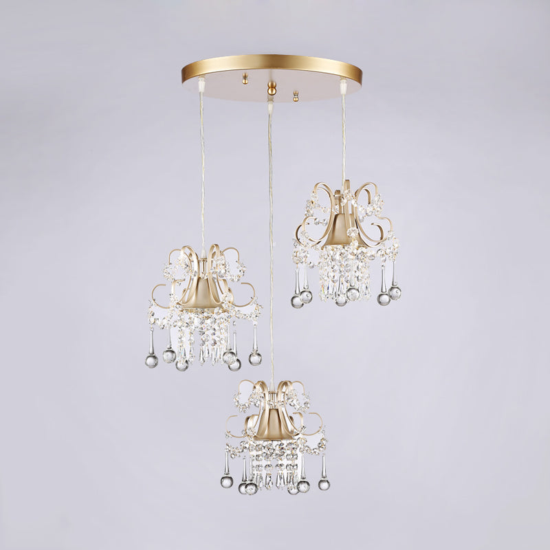 Plafonnier semi-encastré de style traditionnel à 3 lampes pour salle à manger avec draperie en cristal et évasé doré