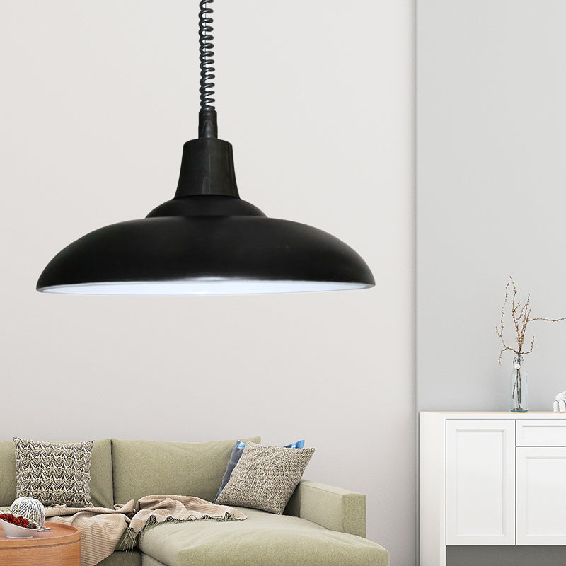 Suspension en métal de style industriel avec cordon réglable - Abat-jour en forme de bol noir/vert, 1 lumière - Parfait pour le salon
