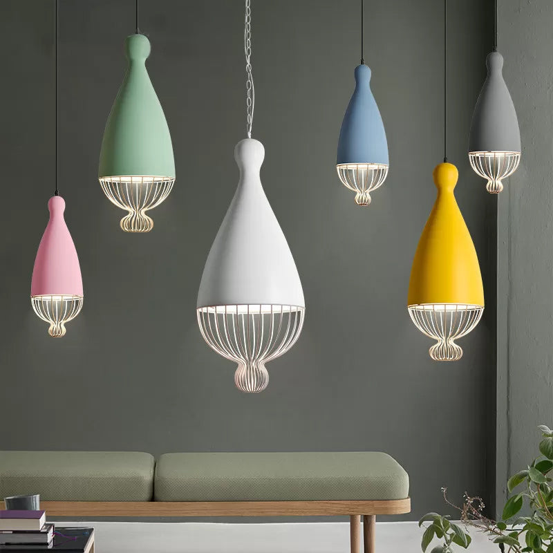 Teardrop Metal Hanging Lamp with Cage Shade - 1 Head Kitchen Pendant Light in Grey/Pink - Macaron Style - 7"/10"/15" W