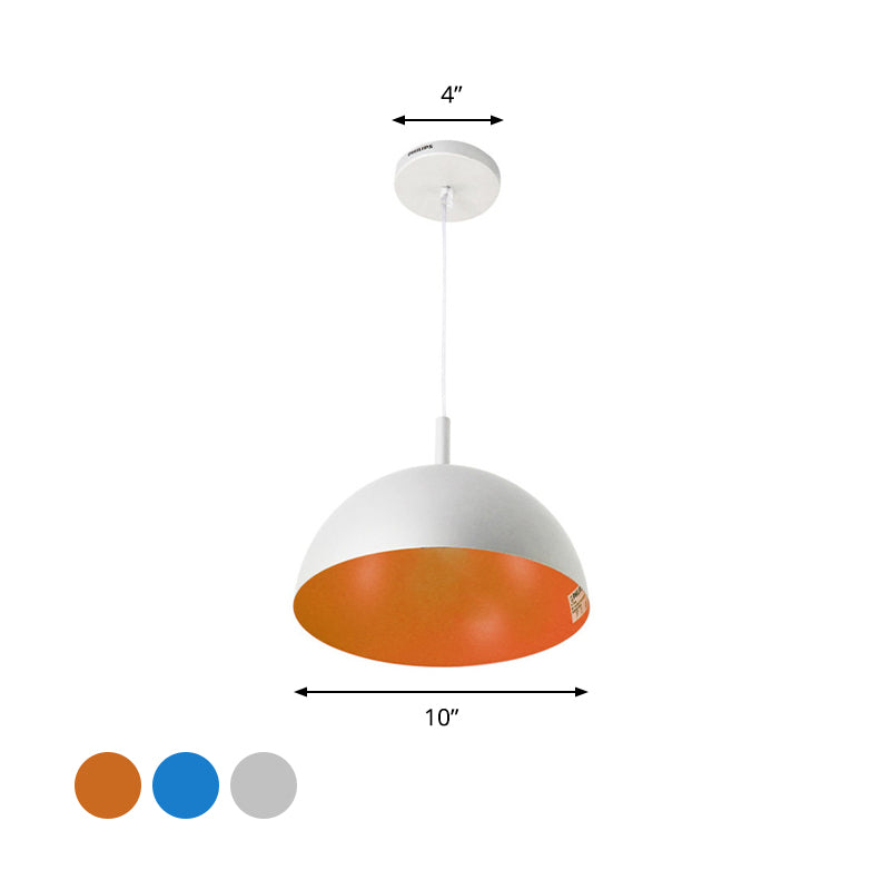 Metal Dome Ceiling Pendant Light with Simple Style Design - 1 Light Orange/Blue/Chrome Fixture for Dining Room, 10"/16" Wide
