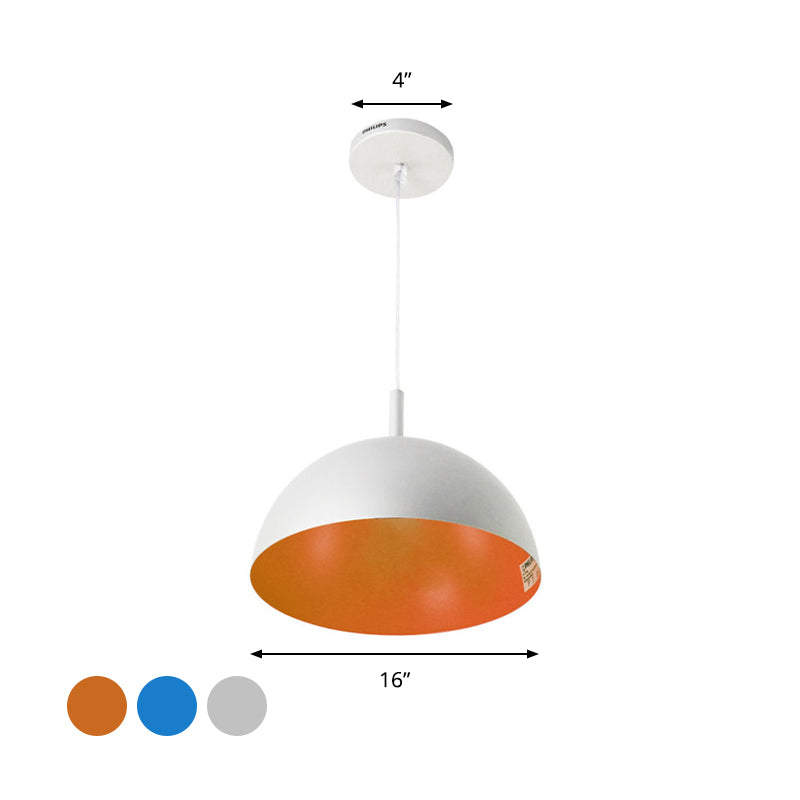 Metal Dome Ceiling Pendant Light with Simple Style Design - 1 Light Orange/Blue/Chrome Fixture for Dining Room, 10"/16" Wide