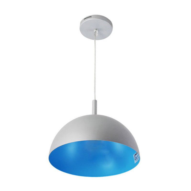 Metal Dome Ceiling Pendant Light with Simple Style Design - 1 Light Orange/Blue/Chrome Fixture for Dining Room, 10"/16" Wide