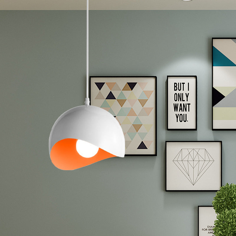 Modern Metal Dome Ceiling Light with Adjustable Height - 1 Bulb, Inner Pink/Yellow - 8"/12" W