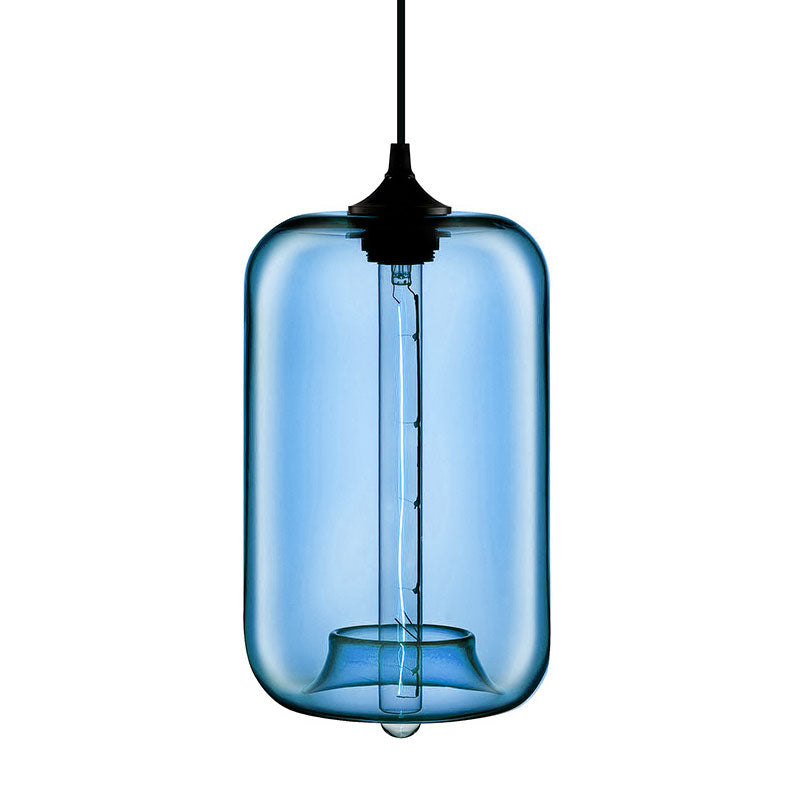 Contemporary Cylinder Glass Hanging Lamp - 1 Light, Red/Brown/Blue Ceiling Light