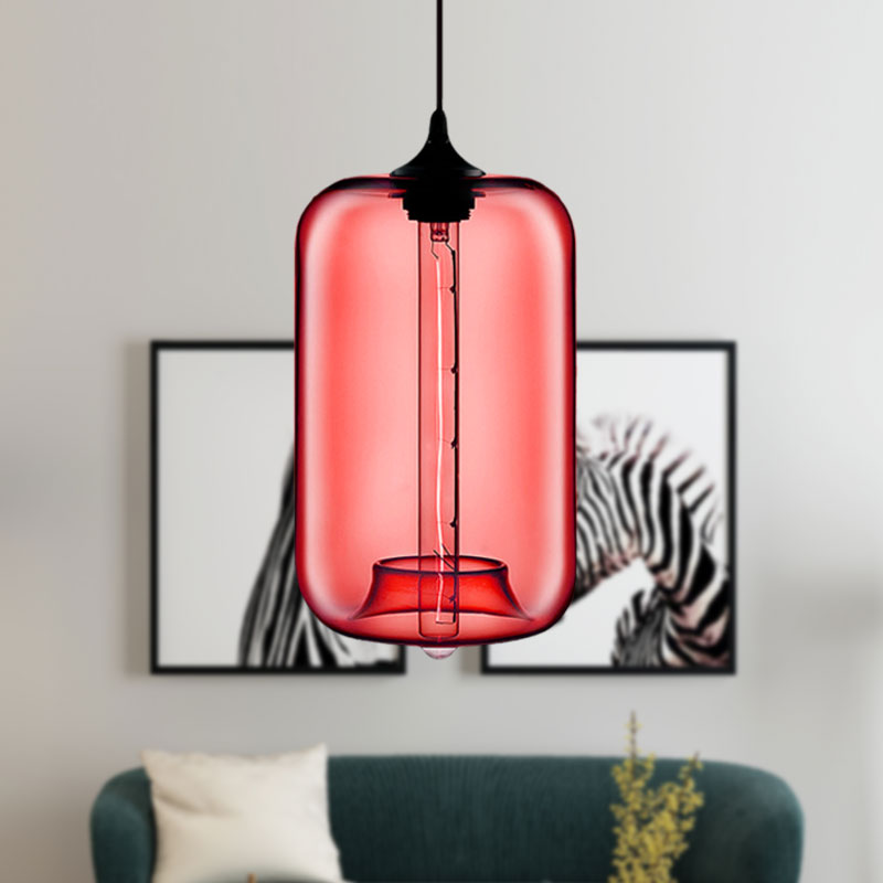 Contemporary Cylinder Glass Hanging Lamp - 1 Light, Red/Brown/Blue Ceiling Light
