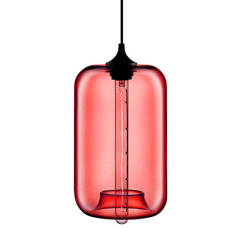 Contemporary Cylinder Glass Hanging Lamp - 1 Light, Red/Brown/Blue Ceiling Light
