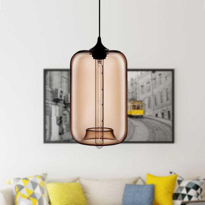 Contemporary Cylinder Glass Hanging Lamp - 1 Light, Red/Brown/Blue Ceiling Light