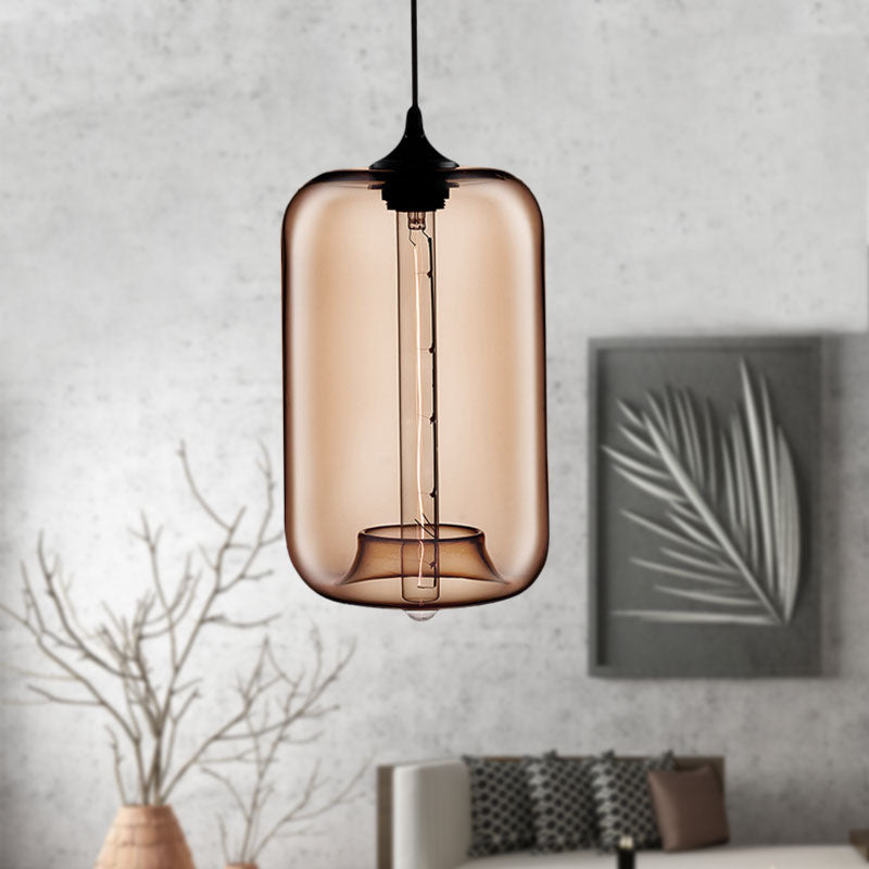 Contemporary Cylinder Glass Hanging Lamp - 1 Light, Red/Brown/Blue Ceiling Light
