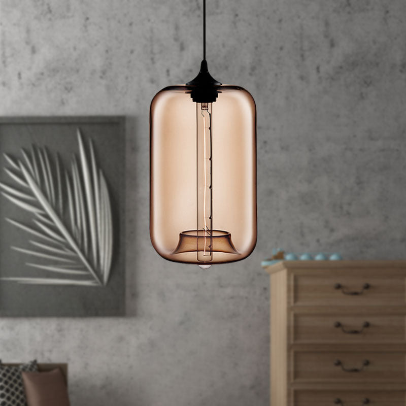 Contemporary Cylinder Glass Hanging Lamp - 1 Light, Red/Brown/Blue Ceiling Light
