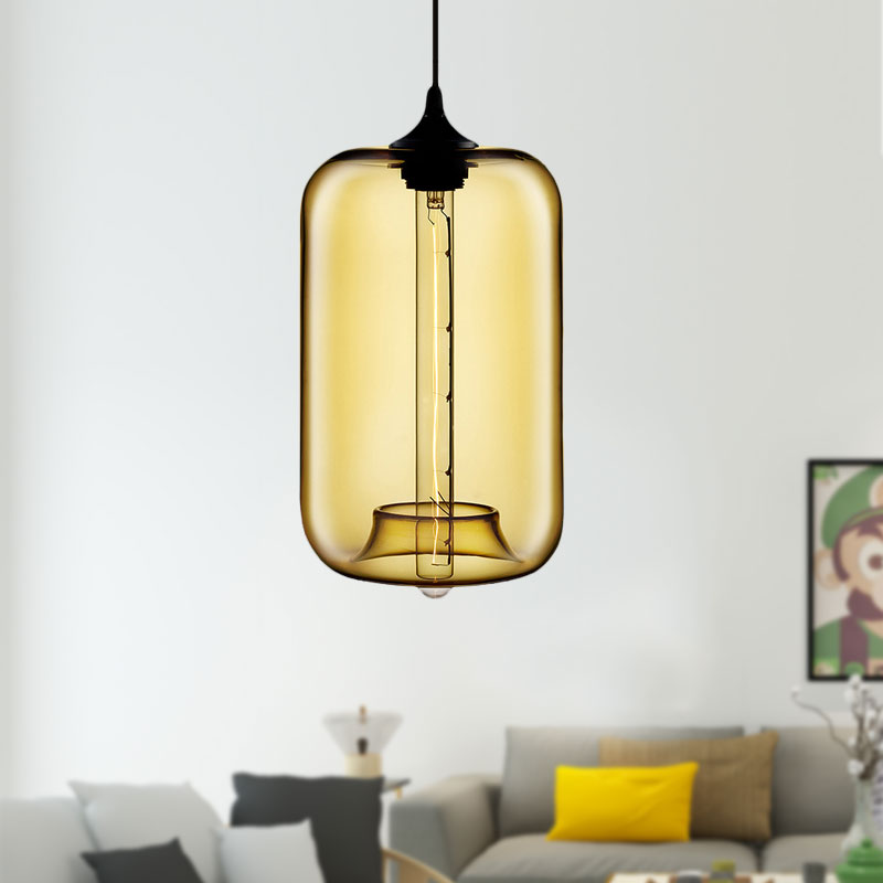 Contemporary Cylinder Glass Hanging Lamp - 1 Light, Red/Brown/Blue Ceiling Light