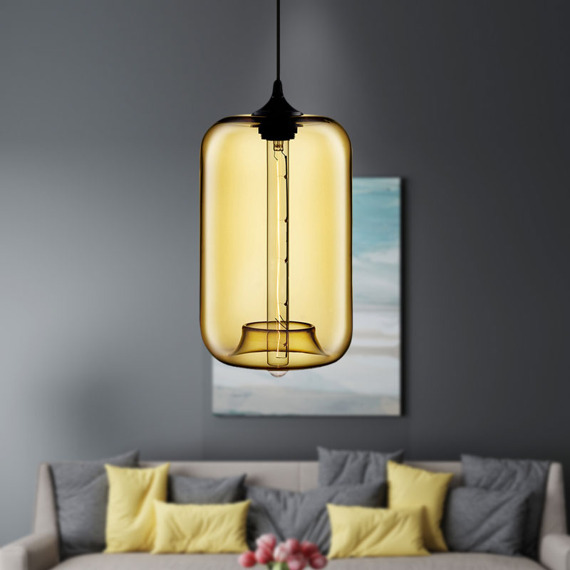 Contemporary Cylinder Glass Hanging Lamp - 1 Light, Red/Brown/Blue Ceiling Light