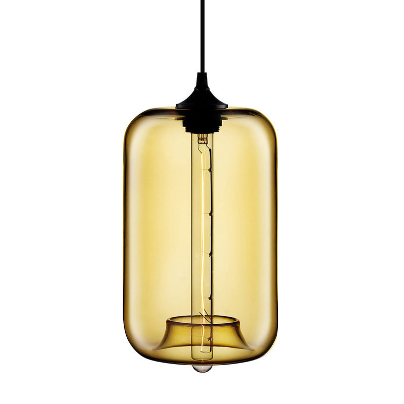 Contemporary Cylinder Glass Hanging Lamp - 1 Light, Red/Brown/Blue Ceiling Light