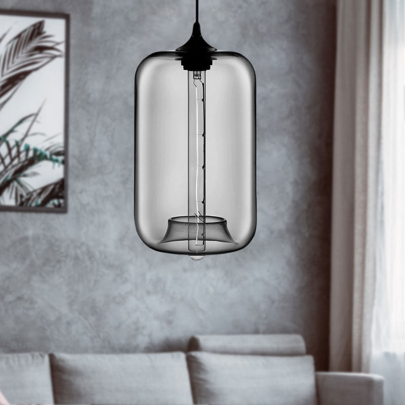 Contemporary Cylinder Glass Hanging Lamp - 1 Light, Red/Brown/Blue Ceiling Light