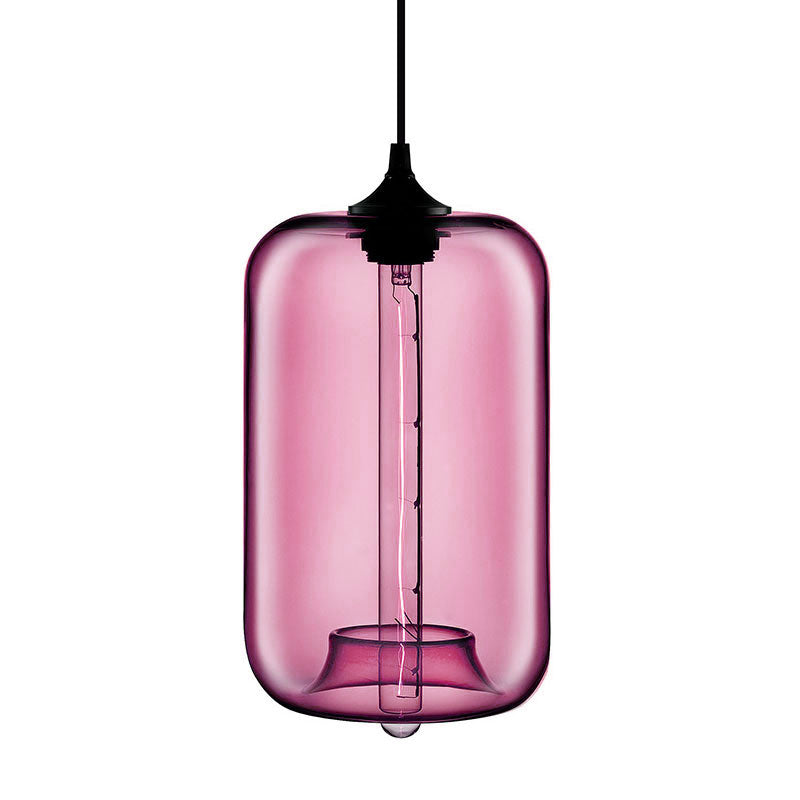 Contemporary Cylinder Glass Hanging Lamp - 1 Light, Red/Brown/Blue Ceiling Light