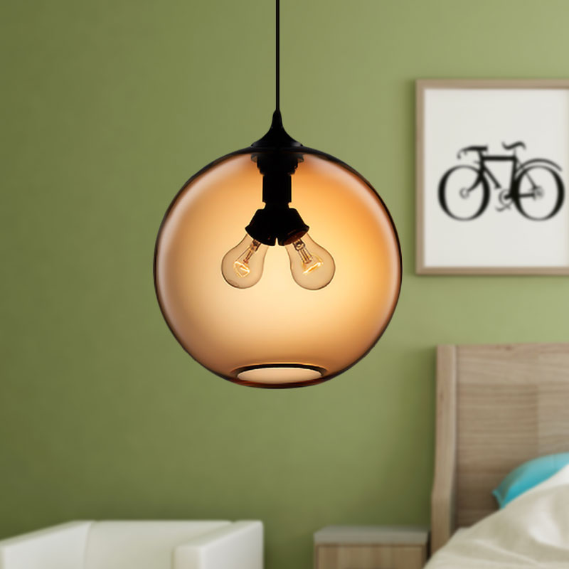 Modern Glass Globe Pendant Light - 2 Lights - Red/Brown/Clear