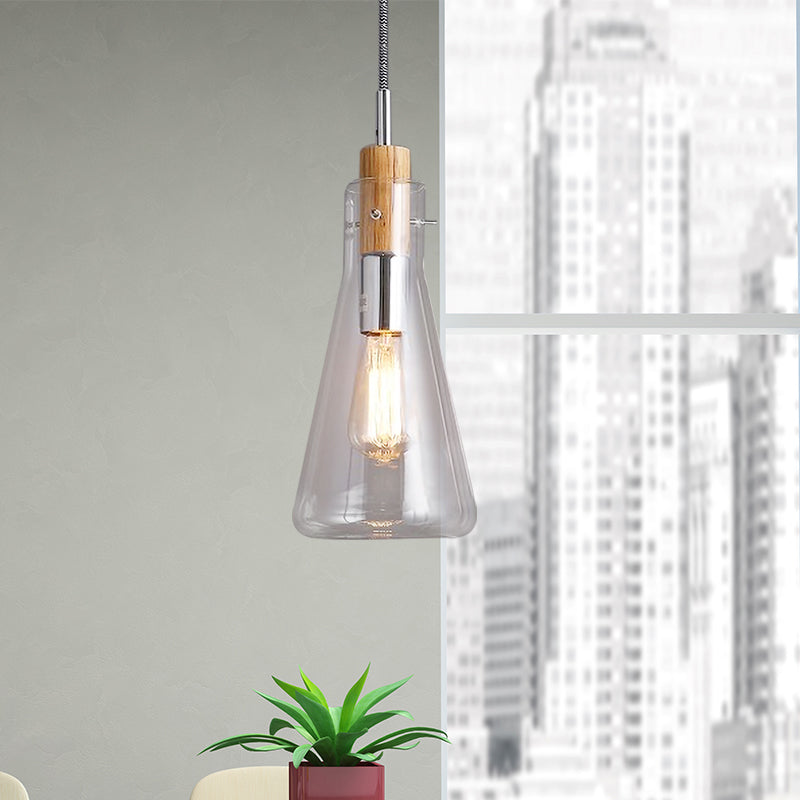 Modern Clear Glass Pendant Light in Polished Chrome - Ellipsoidal/Cone/Bottle Shape - 1 Light Hanging Ceiling Lamp
