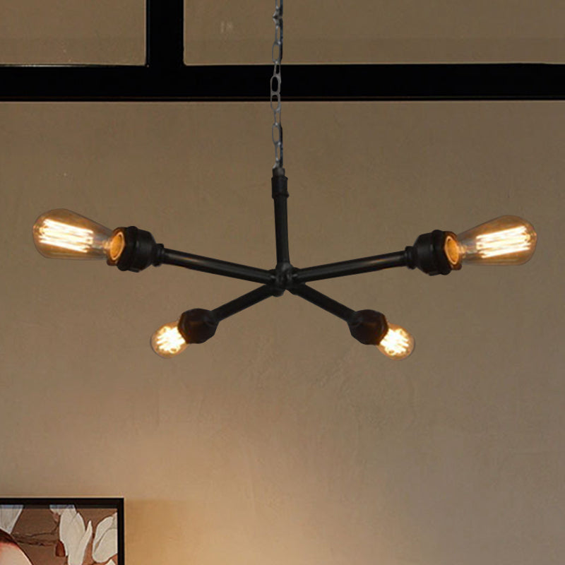 Industrial Metal Water Pipe Chandelier - Dining Room Hanging Lamp with Open Bulb, 4 Heads
