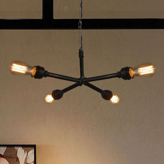 Industrial Metal Water Pipe Chandelier - Dining Room Hanging Lamp with Open Bulb, 4 Heads