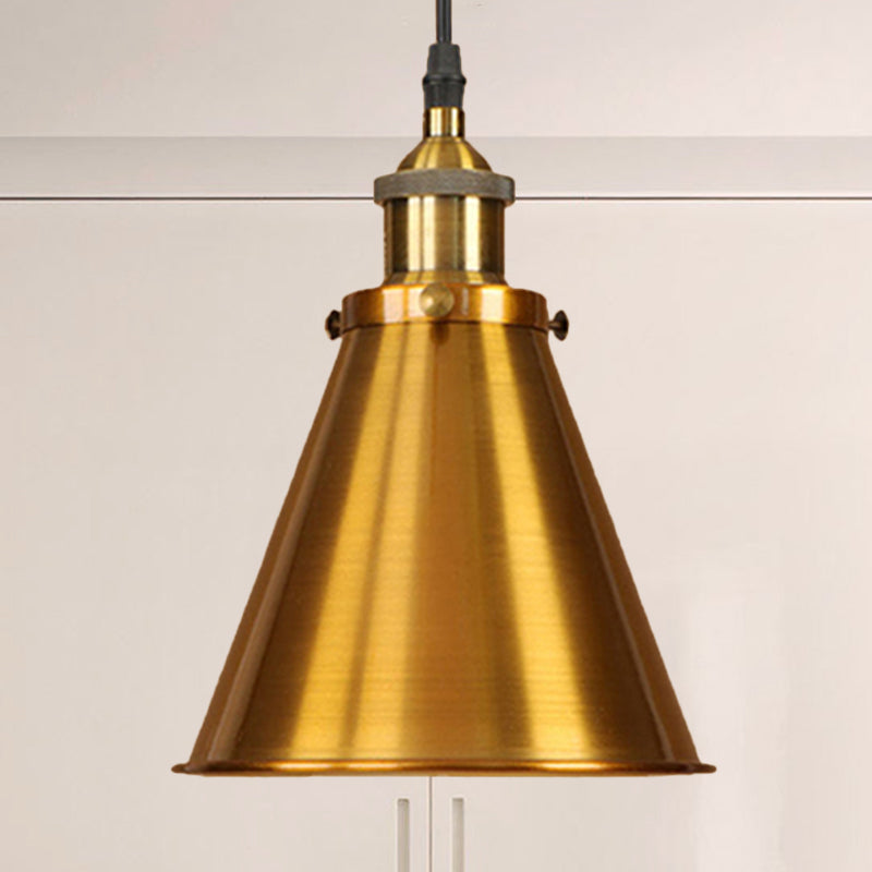 Lampe suspendue en forme de cône de style industriel - Fer noir/laiton, idéale pour l'éclairage de la salle à manger