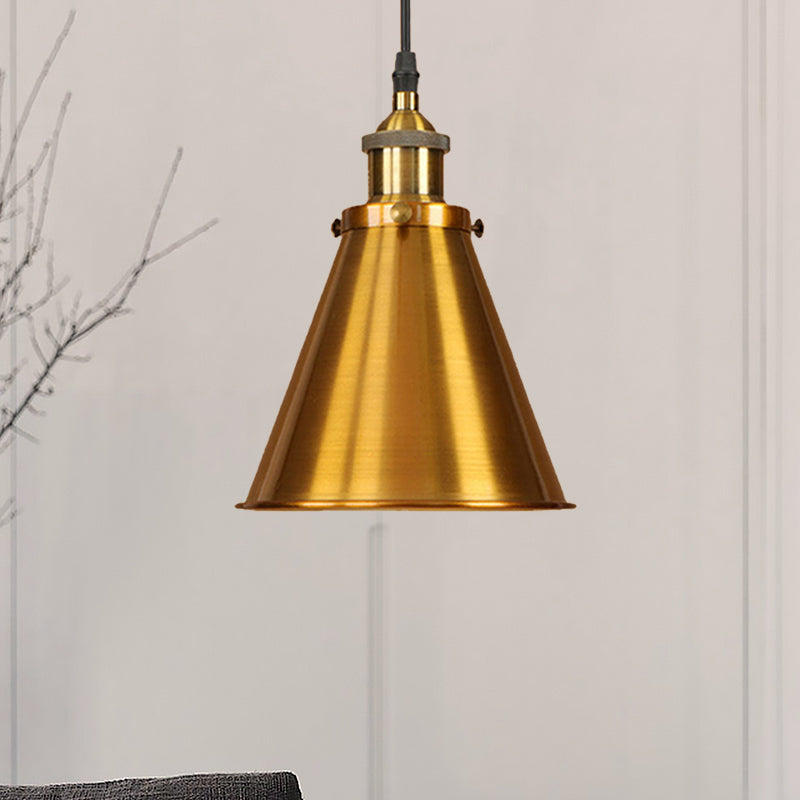 Lampe suspendue en forme de cône de style industriel - Fer noir/laiton, idéale pour l'éclairage de la salle à manger