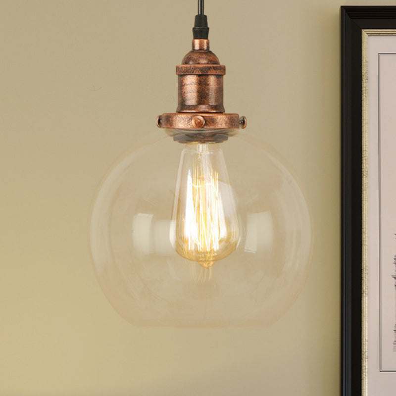 Vintage Hanging Ceiling Light with Brass/Copper/Rust Finish, Clear Glass Globe Pendant for Dining Room and More