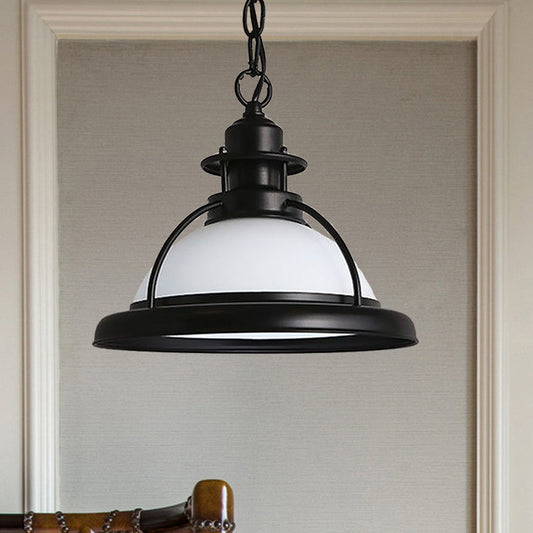 Vintage Glass Dome Pendant Ceiling Light - Black One Light with White/Green Finish for Dining Room