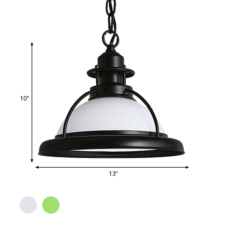 Vintage Glass Dome Pendant Ceiling Light - Black One Light with White/Green Finish for Dining Room