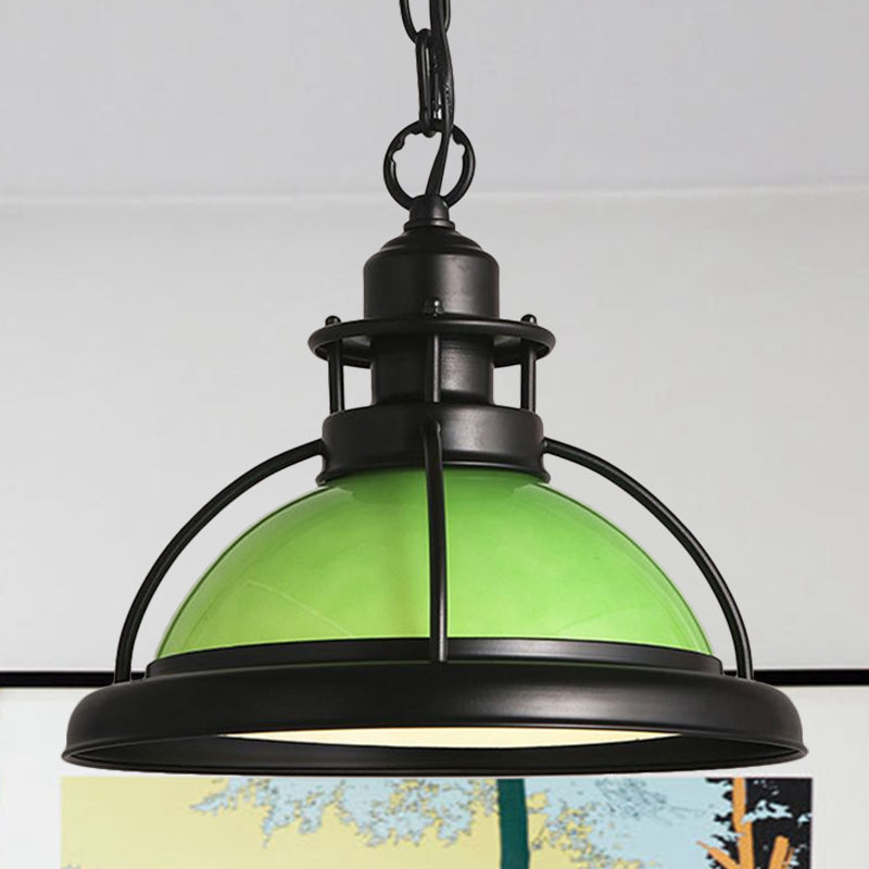 Vintage Glass Dome Pendant Ceiling Light - Black One Light with White/Green Finish for Dining Room