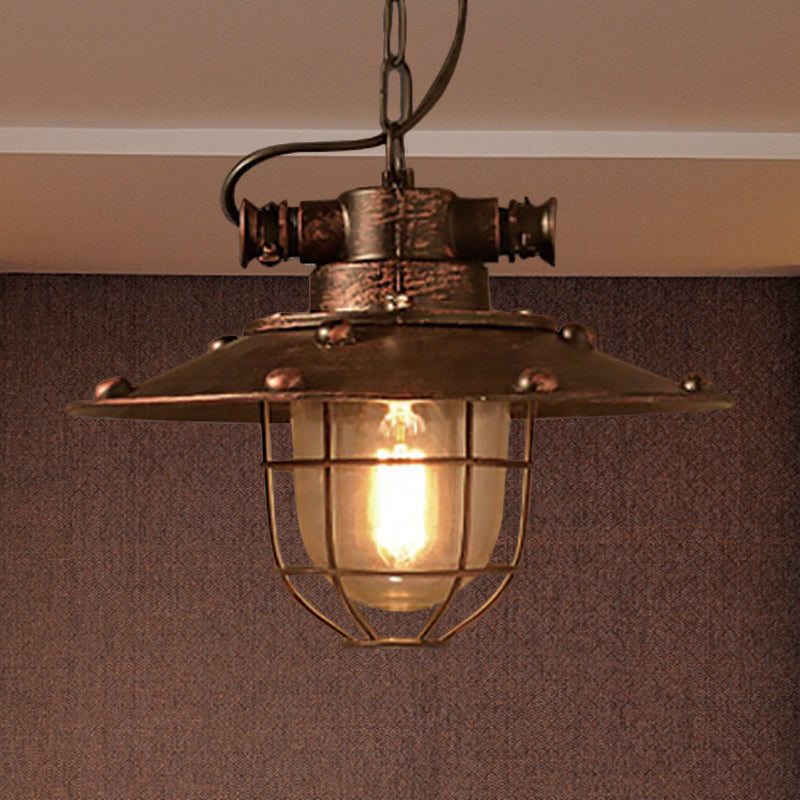 Plafonnier suspendu en verre conique rustique industriel avec cage - Luminaire à 1 lampe
