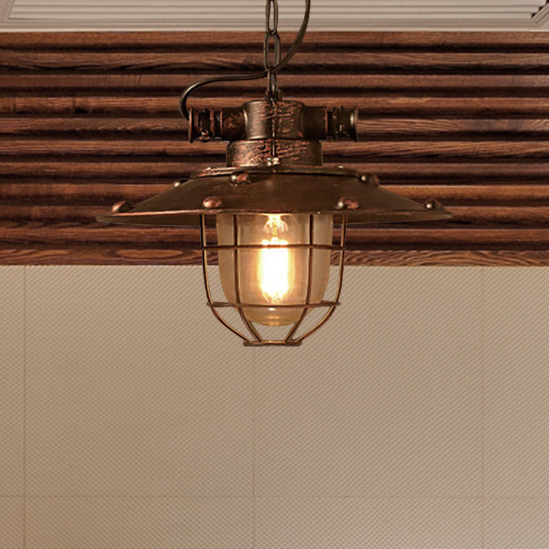 Plafonnier suspendu en verre conique rustique industriel avec cage - Luminaire à 1 lampe