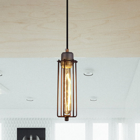 Vintage Style Metal Tube Pendant Light with Wire Cage and Adjustable Cord - Restaurant Ceiling Fixture in Black