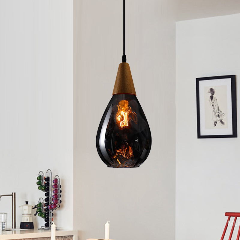 Modernist Style Teardrop Pendant Lamp with Dimpled Glass - 6"/8" Wide - Amber/Clear - 1 Light Indoor Hanging Fixture