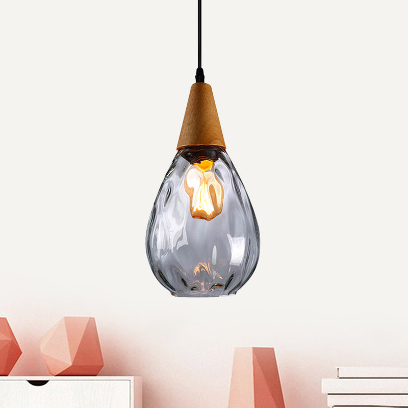 Modernist Style Teardrop Pendant Lamp with Dimpled Glass - 6"/8" Wide - Amber/Clear - 1 Light Indoor Hanging Fixture