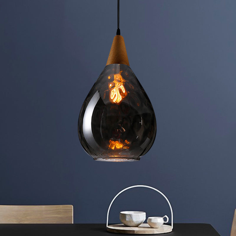 Modernist Style Teardrop Pendant Lamp with Dimpled Glass - 6"/8" Wide - Amber/Clear - 1 Light Indoor Hanging Fixture