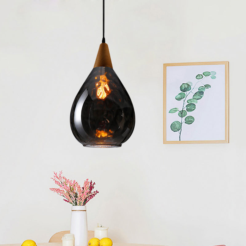 Modernist Style Teardrop Pendant Lamp with Dimpled Glass - 6"/8" Wide - Amber/Clear - 1 Light Indoor Hanging Fixture
