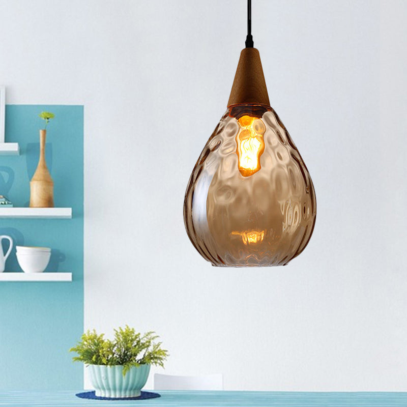 Modernist Style Teardrop Pendant Lamp with Dimpled Glass - 6"/8" Wide - Amber/Clear - 1 Light Indoor Hanging Fixture