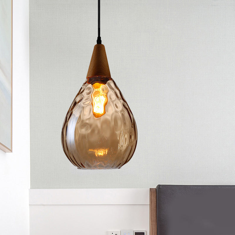 Modernist Style Teardrop Pendant Lamp with Dimpled Glass - 6"/8" Wide - Amber/Clear - 1 Light Indoor Hanging Fixture
