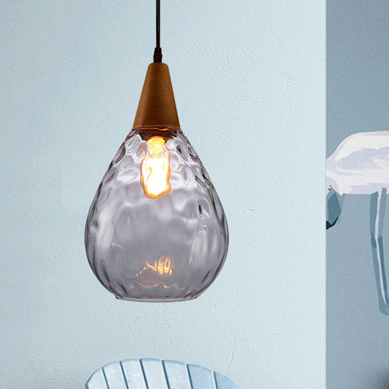 Modernist Style Teardrop Pendant Lamp with Dimpled Glass - 6"/8" Wide - Amber/Clear - 1 Light Indoor Hanging Fixture