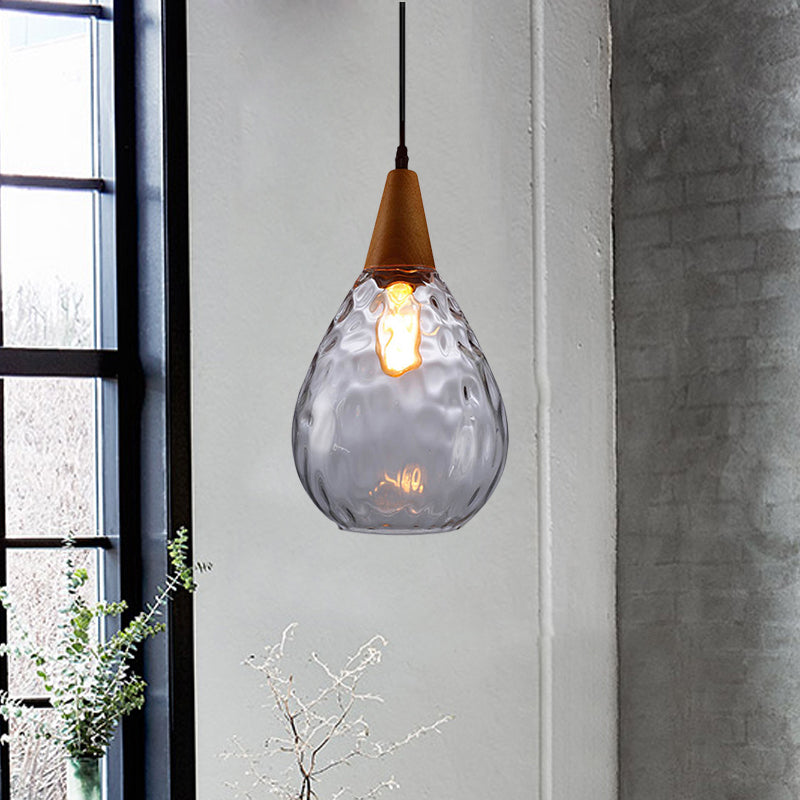 Modernist Style Teardrop Pendant Lamp with Dimpled Glass - 6"/8" Wide - Amber/Clear - 1 Light Indoor Hanging Fixture